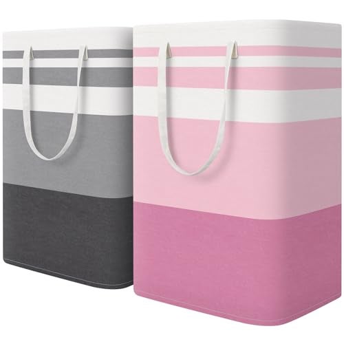 HomeHacks 2 Pack Large Laundry Baskets, Waterproof, Freestanding Laundry Hampers, Collapsible Clothes Hamper with Reinforced Handles in Laundry, College Dorm, Bathroom, Bedroom (Grey+Pink, 75Lx2) - Image 1