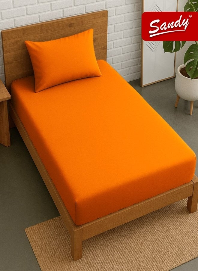 ساندي طقم شرشف مطاط ساندي فاخر بجودة الفنادق مع غطاء وسادة، طقم من 2 قطعة، شديد النعومة وجيد التهوية وبارد, مقاس مفرد عريض نفر ونص 120 × 200 سم, برتقالي - Image 1