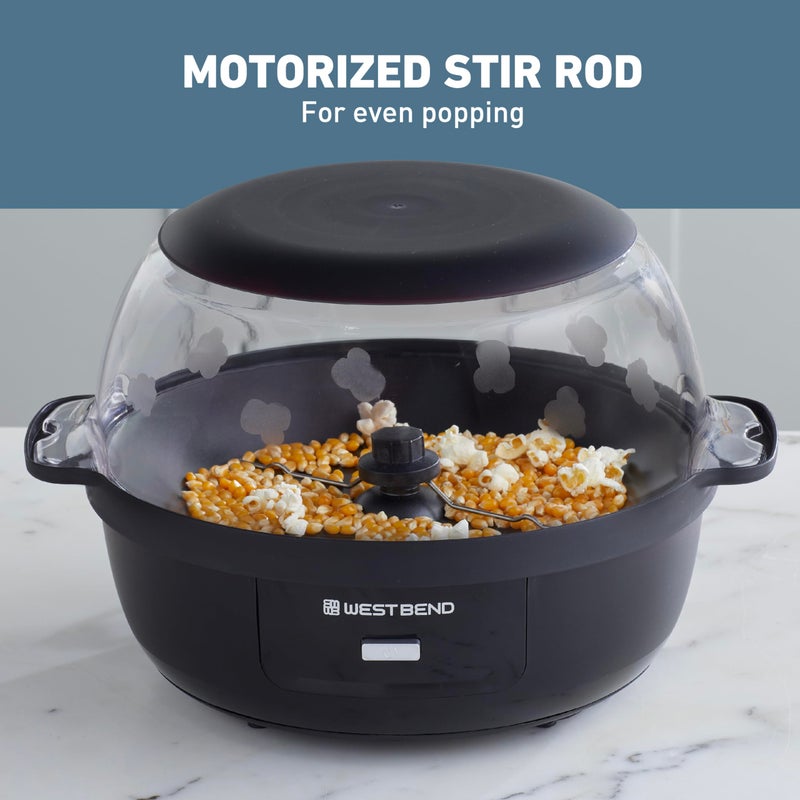 West Bend Stir Crazy Hot Oil Popcorn Popper, Popcorn Maker Machine with Large Serving Bowl Lid and Stirring Rod, 6 Qt, Black - Image 4
