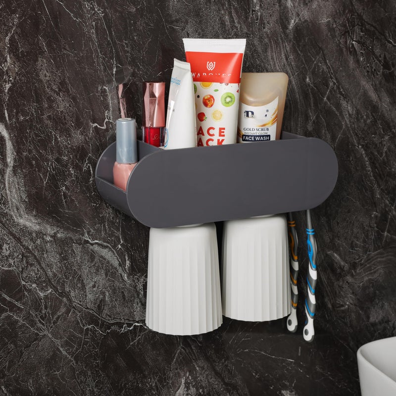 Jinila Multipurpose Bathroom and Wash Basin Organiser Wall Mounted Toothbrush, Toothpest Holder with 2 Gargle Cup (Pack of 1, Gray and Cream) - Image 2