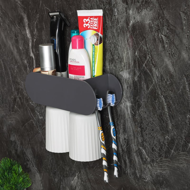 Jinila Multipurpose Bathroom and Wash Basin Organiser Wall Mounted Toothbrush, Toothpest Holder with 2 Gargle Cup (Pack of 1, Gray and Cream) - Image 4