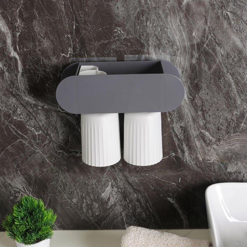 Jinila Multipurpose Bathroom and Wash Basin Organiser Wall Mounted Toothbrush, Toothpest Holder with 2 Gargle Cup (Pack of 1, Gray and Cream) - Image 5