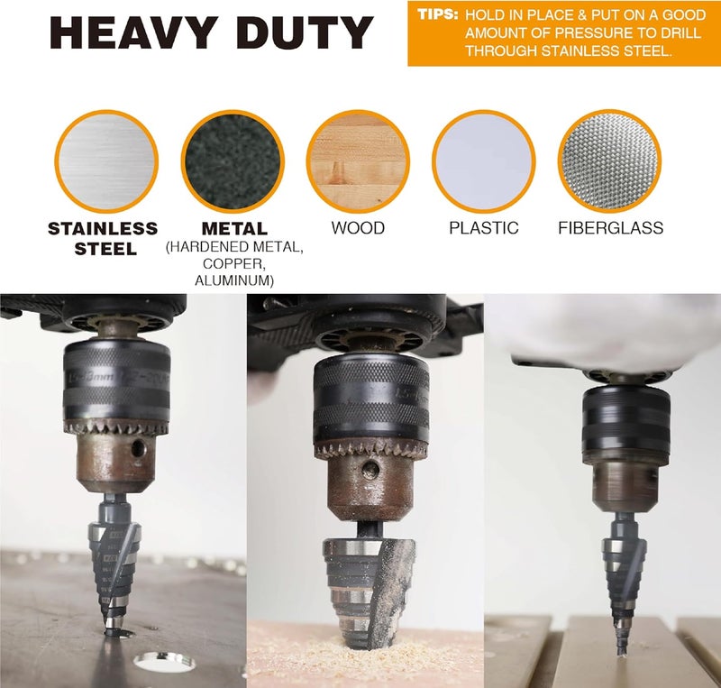 Jerax tools 1/4 to 2-3/8 Inch M2 High Speed Steel Step Drill Bit Spiral Grooved Double Fluted, Large Drill bits for Hole Drilling in Stainless Steel, Copper, Aluminum, Wood, Plastic - Image 4
