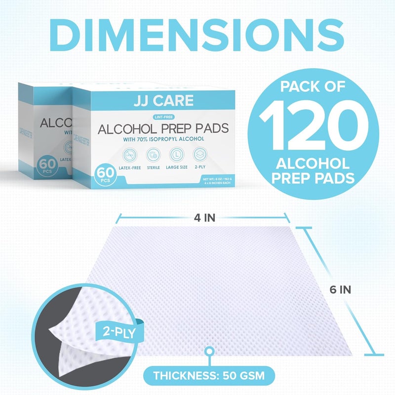 JJ CARE Large Alcohol Prep Pads Pack of 120 4 x 6 Sterile Prep Pads Individually Wrapped 70 Isopropyl Alcohol Wipes 2 Ply First Aid Swabs Perfect for Medical First Aid Kit Home - Image 3