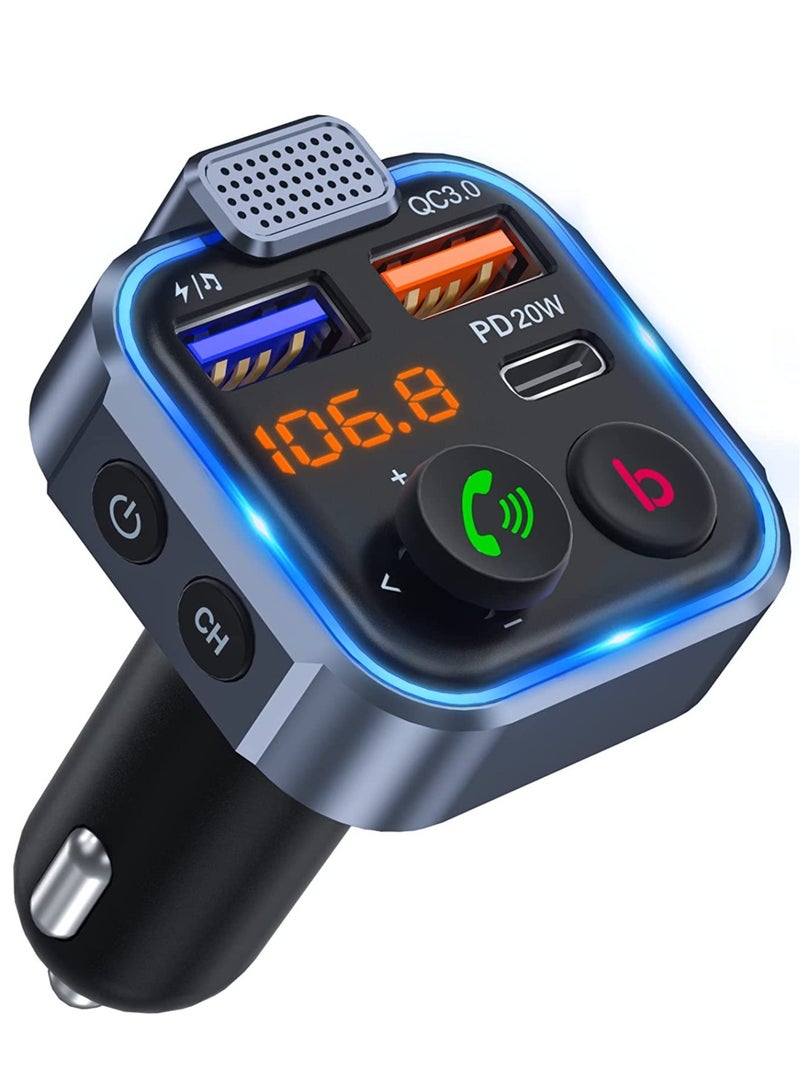 Car FM Transmitter, Wireless Bluetooth 5.0 Radio Adapter Car Kit, PD3.0 Type C 20W+QC3.0 Car Fast Charger, Hands Free Calling, Bass Lossless Hi-Fi Sound Support U Disk - Image 1