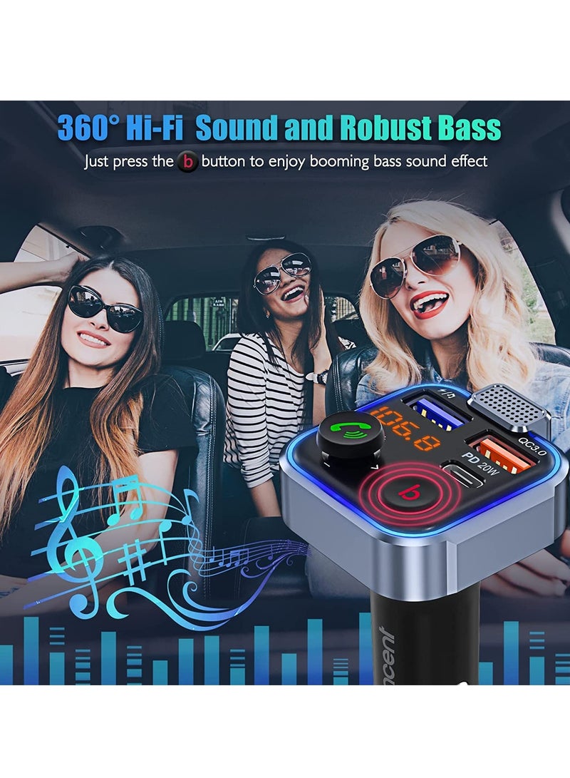 Car FM Transmitter, Wireless Bluetooth 5.0 Radio Adapter Car Kit, PD3.0 Type C 20W+QC3.0 Car Fast Charger, Hands Free Calling, Bass Lossless Hi-Fi Sound Support U Disk - Image 3