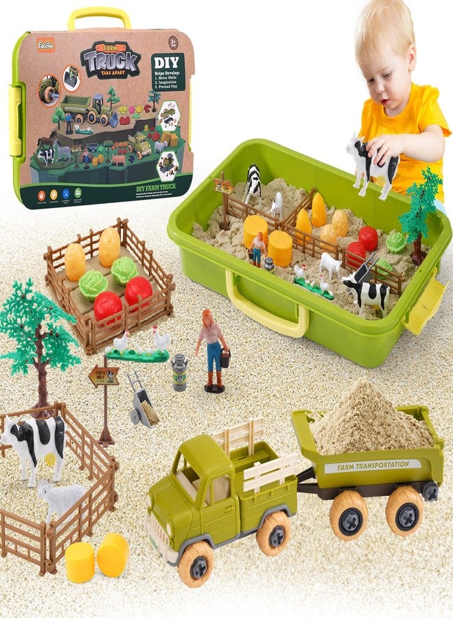 Eaciilee Play Sand Farm Toys, Farm Sensory Bins with 2.2lb Play Sand, Animal, Take Apart Truck Trailer Playset, Creativity Sandbox Toys with Lid for Kids 3 4 5 6 Years Old - Image 1