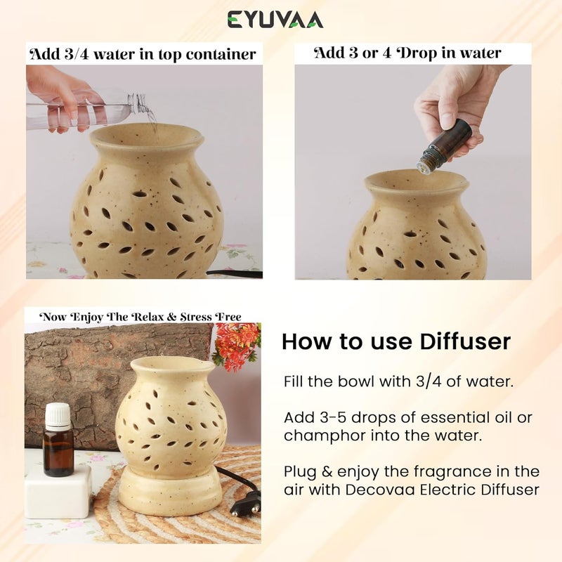 DECOVAA DECOVAA Handcrafted Ethnic Electric Ceramic Diffuser Aroma Oil Burner for Aromatherapy Aroma Oil Warmer Aroma Diffuser Set for Home Decor and Fragrance with 10ml Aroma Oils Sandal Fragrance  - Image 3