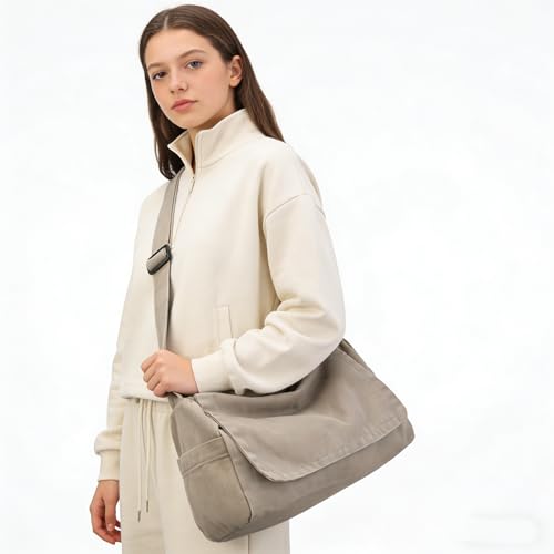 BEFUNIRISE Canvas Messenger Bag for Women Men Vintage Satchel Bag Aesthetic Crossbody Shoulder Bag Casual Sling Bag (A-Grey) - Image 3
