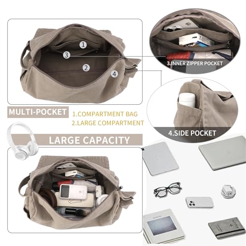 BEFUNIRISE Canvas Messenger Bag for Women Men Vintage Satchel Bag Aesthetic Crossbody Shoulder Bag Casual Sling Bag (A-Grey) - Image 5