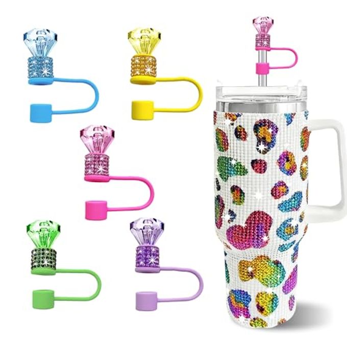 JIASHEBDE 5 Pcs Bling Diamond Straw Cover Set, Double Rhinestone Straw Topper for Stanley 30&40oz Tumblers, 0.4in Lid Accessories for 10 mm Straws (Color A)