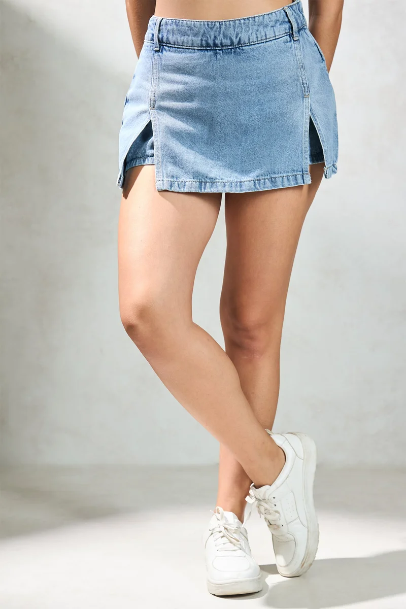 فيرجيو Solid Cotton Denim Mini Skorts With Slit for Women