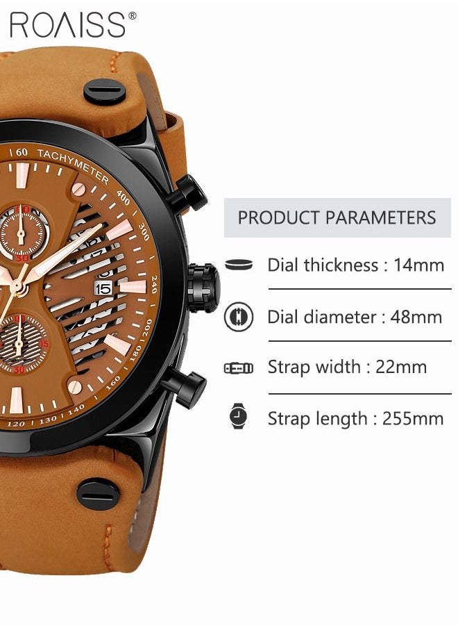 roaiss - Men's Leather Strap Quartz Watch, Round Shape Dial Chronograph Watch with Three Small Dials, Waterproof Casual Watch as Gift for Men - Image 1