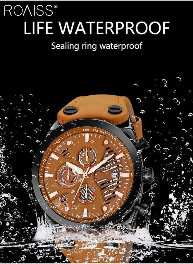 roaiss - Men's Leather Strap Quartz Watch, Round Shape Dial Chronograph Watch with Three Small Dials, Waterproof Casual Watch as Gift for Men - Image 1