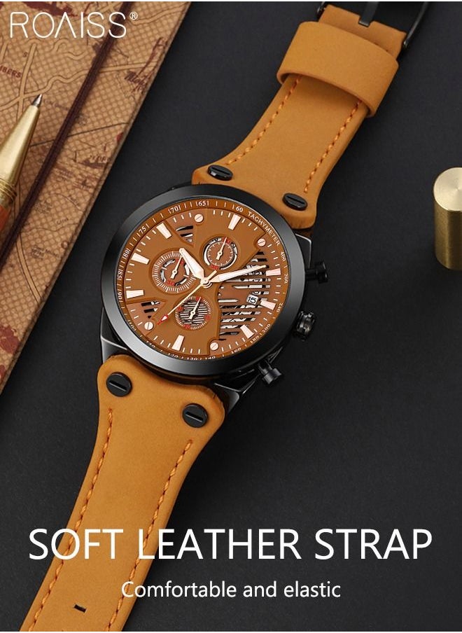 roaiss - Men's Leather Strap Quartz Watch, Round Shape Dial Chronograph Watch with Three Small Dials, Waterproof Casual Watch as Gift for Men - Image 1