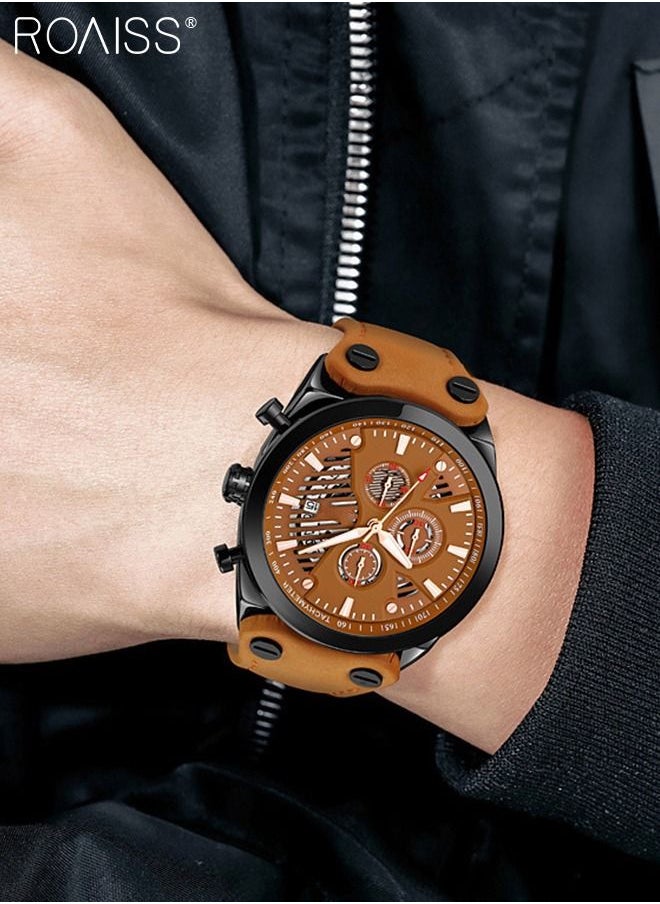 roaiss - Men's Leather Strap Quartz Watch, Round Shape Dial Chronograph Watch with Three Small Dials, Waterproof Casual Watch as Gift for Men - Image 1