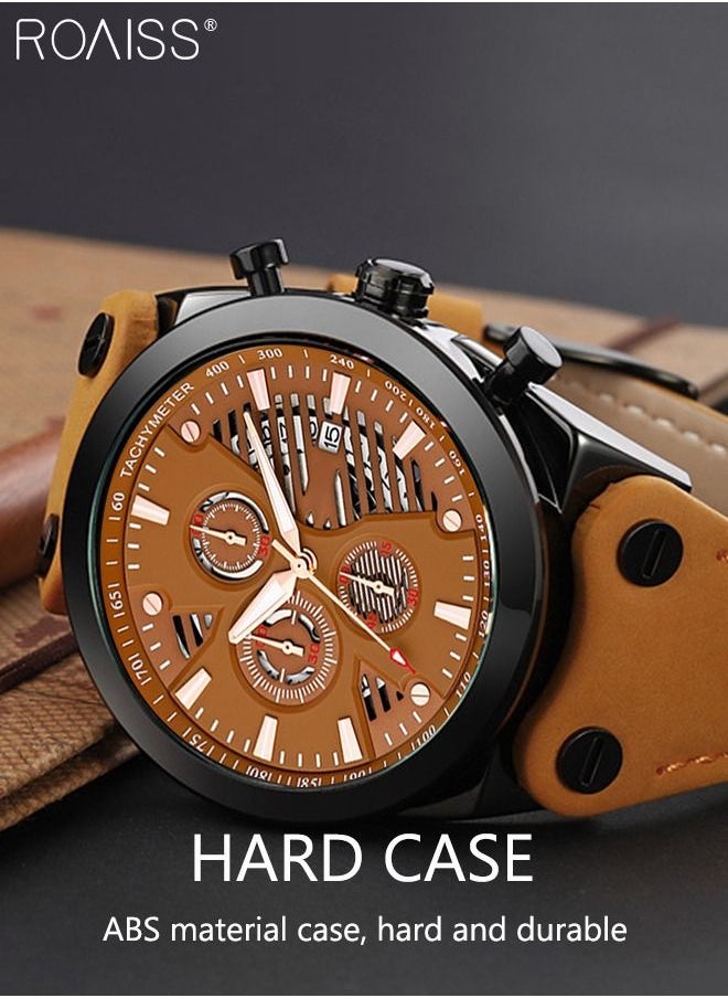 roaiss - Men's Leather Strap Quartz Watch, Round Shape Dial Chronograph Watch with Three Small Dials, Waterproof Casual Watch as Gift for Men - Image 1