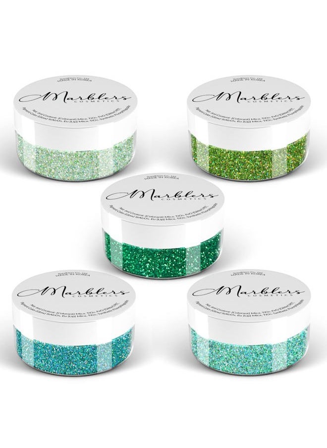 MARBLERS Cosmetic Grade Fine Glitter 5-Pack [Green Grin] 0.90oz (25g) | Non-Toxic | Vegan | Cruelty-Free | Eyeshadow, Nail Polish, Nail Art | Festival, Rave & Party Makeup | Body & Face  - Image 1