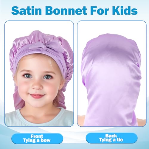 Lnngub 2 Packs Long Hair Bonnet for Sleeping, Silk Bonnet for Kids Satin Bonnets Double Layer Satin Sleep Bonnet Elastic Satin Bonnet Night Sleep Hats for Toddler Teens Natural Curly Hair(Blue+Purple) - Image 4