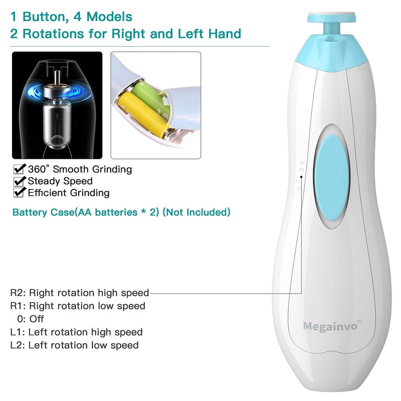 Megainvo مقص أظافر كهربائي للأطفال مع ضوء LED - مجموعة العناية بأظافر الأطفال الرضع والأطفال الصغار مع 10 رؤوس طحن تعمل بالبطارية (غير مشمولة) - أزرق - Image 2