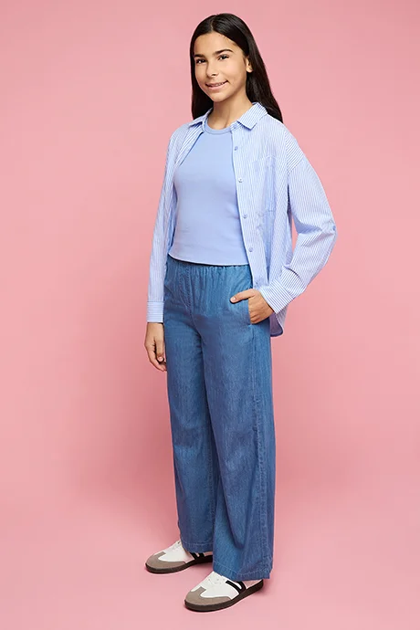 أر أند بي Washed Wide Leg Denim Pants with Elastic Waist