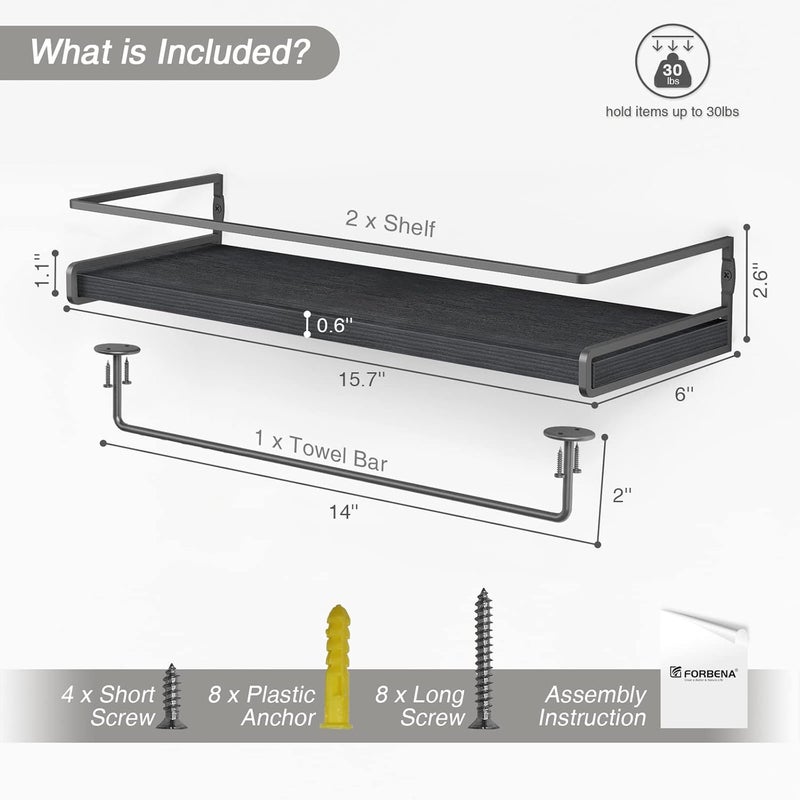 Forbena Black Floating Shelves for Bathroom Wall Set of 2, Kitchen Spice Rack Wall Mount, Modern Wood Hanging Wall Shelves for Bedroom Organizer, Restroom Pantry Closet Storage (Grey-Black) - Image 3