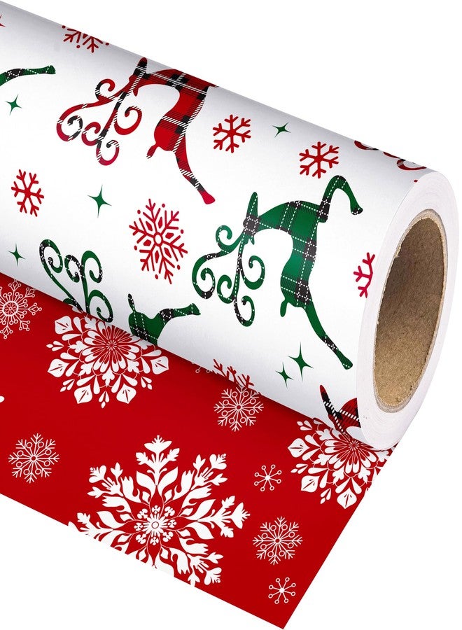 Vnaaem Reversible Christmas Wrapping Paper Roll - Red Green Buffalo Plaid, Reindeer & Snowflakes Design Gift Wrap for Holiday Party Celebration, DIY Craft - 17 In X 20 Ft(Total 28.5sq.ft) - Image 1