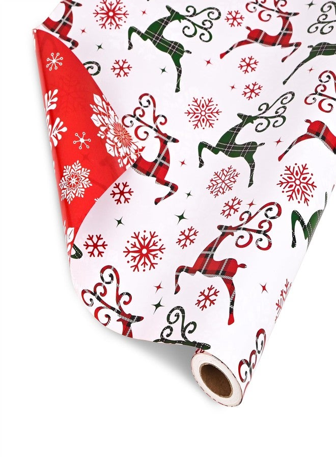Vnaaem Reversible Christmas Wrapping Paper Roll - Red Green Buffalo Plaid, Reindeer & Snowflakes Design Gift Wrap for Holiday Party Celebration, DIY Craft - 17 In X 20 Ft(Total 28.5sq.ft) - Image 2
