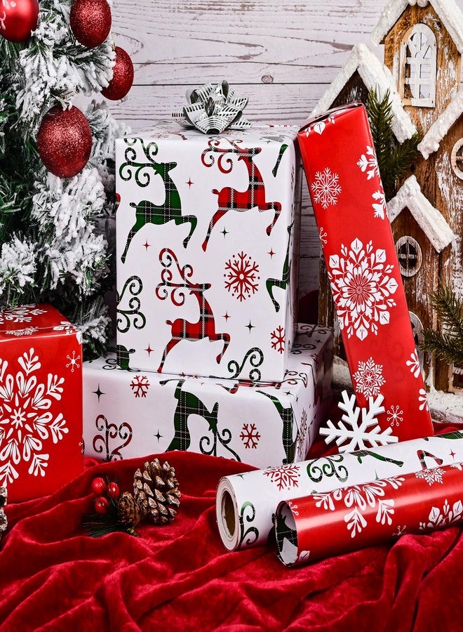 Vnaaem Reversible Christmas Wrapping Paper Roll - Red Green Buffalo Plaid, Reindeer & Snowflakes Design Gift Wrap for Holiday Party Celebration, DIY Craft - 17 In X 20 Ft(Total 28.5sq.ft) - Image 3