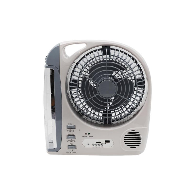 أفس مروحة AFC 6 في 1 بالطاقة الشمسية والكهرباء مع إضاءة LED، بلوتوث، راديو FM، منفذ USB وTF Card، شحن Type-C، مروحة محمولة 8 إنش، لوح شمسي مرفق، قابلة لإعادة الشحن للطوارئ والتخييم - Image 2