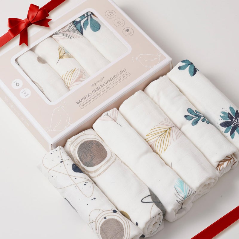 Nightingale Baby Washcloths Organic Cotton Muslin with Rayon Made from Bamboo  Soft Burp Cloths for Newborn Sensitive Skin  12x12 Face or Baby Towel  Bath Baby Essentials  6 Pack Feathers