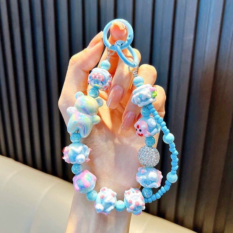 Creative Hand-Painted Bear Beads Mobile Phone Chain Keychain Bag Accessory Couple Gift Keychain Jewelry Fashion Accessories Blue-cute bear beaded bracelet (note: shipped by color, hand-painted beads, doll letters, random)