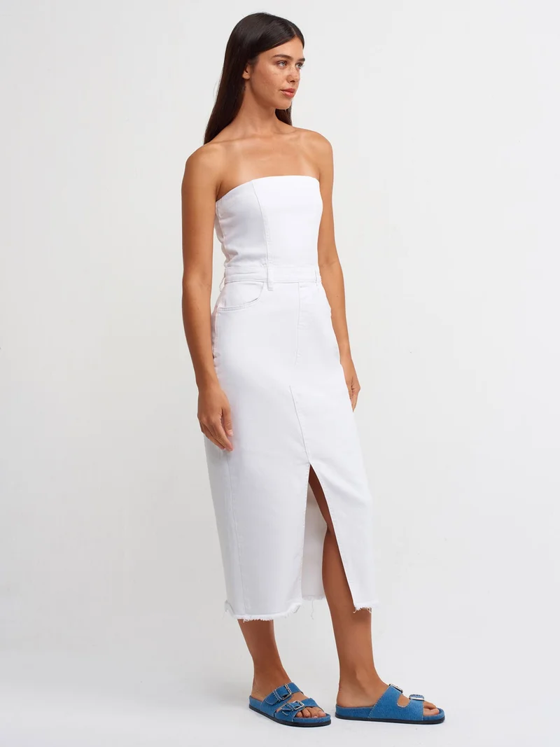 Dilvin 90515 Strapless White Denim Dress-White