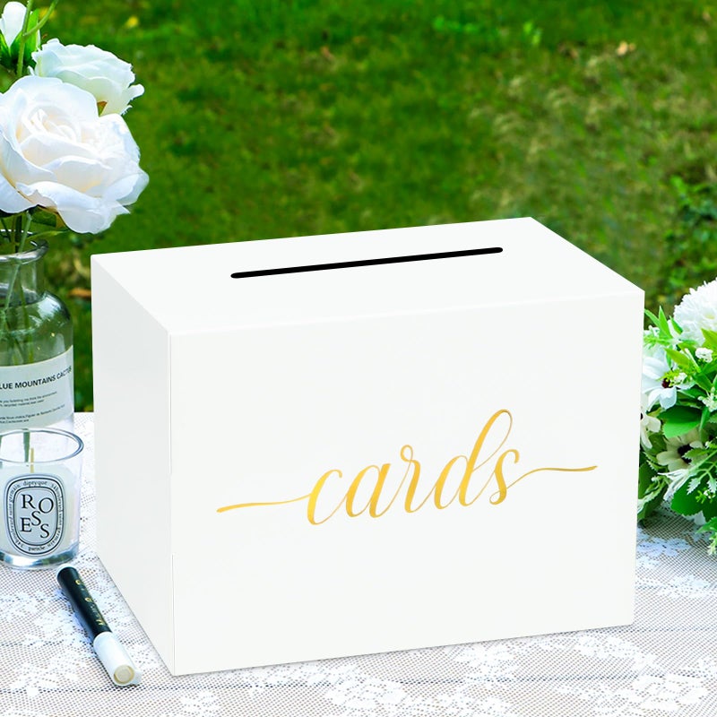 Mulbozy White Wedding Card Box, Gift Cards Box Holder with Gold Foil Design for Wedding Receptions, Bridal & Baby Showers, Graduations, Voting, Donate Money, Retirements, Anniversaries - Image 2