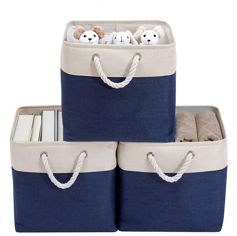 DECOMOMO Cube Storage Bins 13x13 Storage Cubes for Toys Shelves Closet and Cube Organizer Navy Blue  White 3 Pack