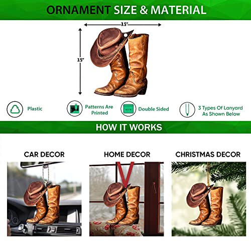 Talataca Cowboy Cowgirl Hat Boots Men Women Western Horse 2D Flat Car Rear View Mirror Accessories Christmas Tree Ornament Decoration Hanging Charm Interior Rearview Pendant Decor Gift - Image 2