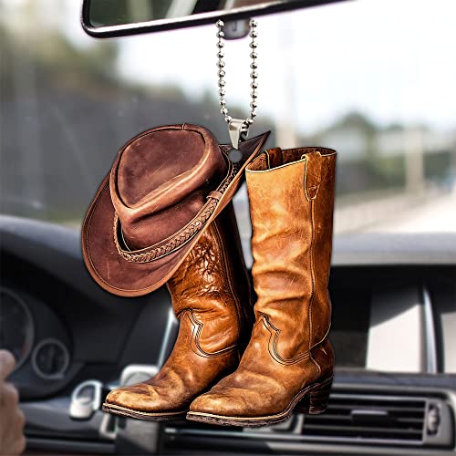 Talataca Cowboy Cowgirl Hat Boots Men Women Western Horse 2D Flat Car Rear View Mirror Accessories Christmas Tree Ornament Decoration Hanging Charm Interior Rearview Pendant Decor Gift - Image 1