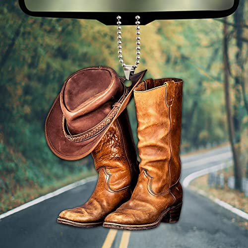 Talataca Cowboy Cowgirl Hat Boots Men Women Western Horse 2D Flat Car Rear View Mirror Accessories Christmas Tree Ornament Decoration Hanging Charm Interior Rearview Pendant Decor Gift - Image 3