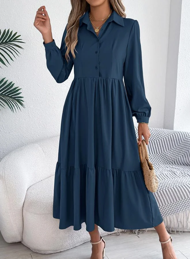 Take Two Navy Blue A-Line Midi Dress with Long Sleeves