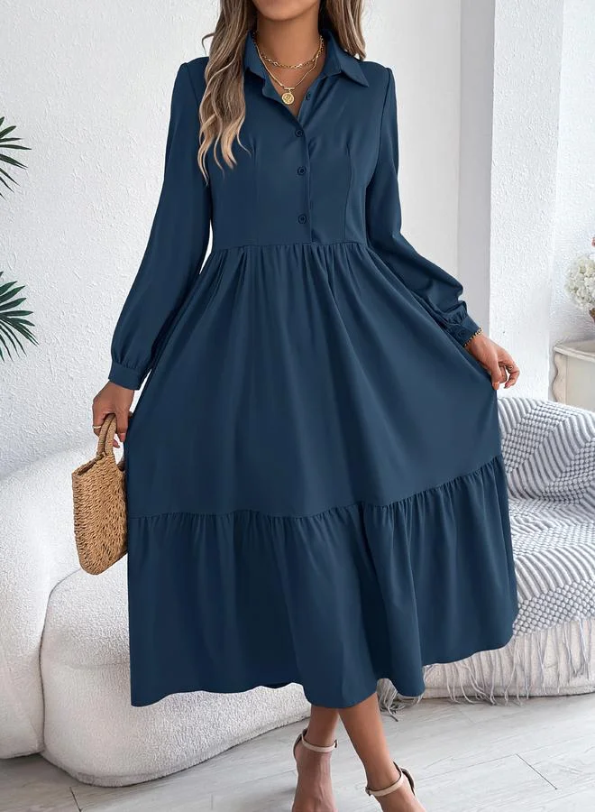 Take Two Navy Blue A-Line Midi Dress with Long Sleeves