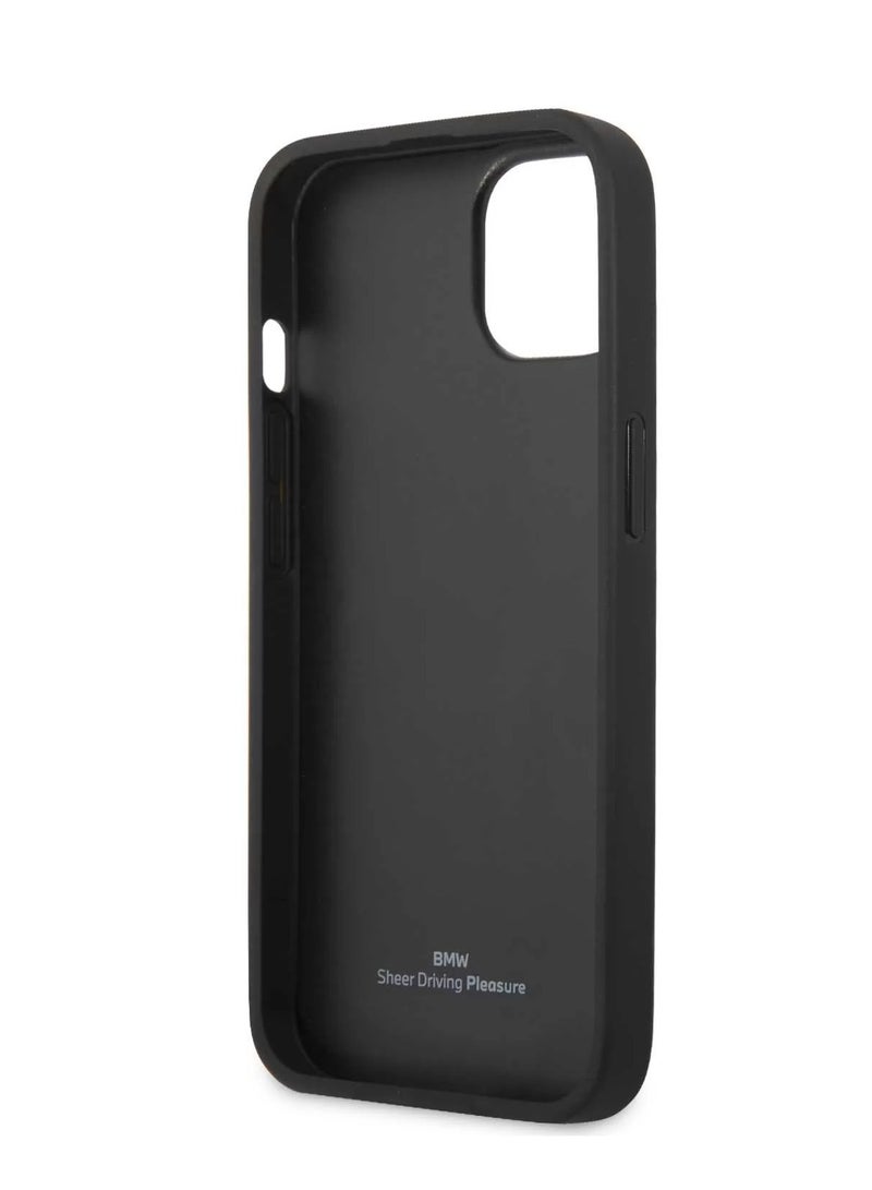 بي إم دبليو جراب خلفي صلب من الجلد الحقيقي لهاتف iPhone 13 بنمط مقعد بلون متجانس وثقوب وخطوط محفورة / حماية من السقوط / مادة ممتازة / سهل التركيب / تصميم نحيف - أسود - Image 5