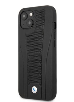 BMW iPhone 13 Hard Case Real Leather Back Cover Seat Pattern Tone On Tone Perforations Debossed Lines / Drop Protection / Premium Material / Easy Snap-on / Slim Profile - Black  - Image 2