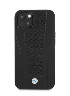 BMW iPhone 13 Hard Case Real Leather Back Cover Seat Pattern Tone On Tone Perforations Debossed Lines / Drop Protection / Premium Material / Easy Snap-on / Slim Profile - Black  - Image 1