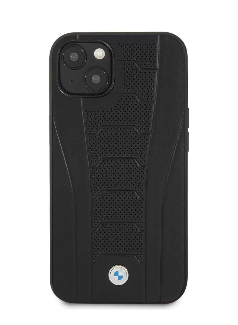 بي إم دبليو جراب خلفي صلب من الجلد الحقيقي لهاتف iPhone 13 بنمط مقعد بلون متجانس وثقوب وخطوط محفورة / حماية من السقوط / مادة ممتازة / سهل التركيب / تصميم نحيف - أسود - Image 1