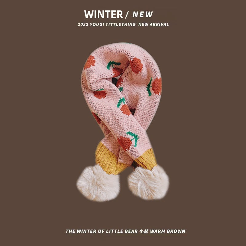 Cute Knitted Baby Winter Scarf with Pompoms Flower pink  - Image 1