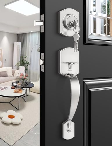 Tinewa Camelot Front Door Handle and Deadbolt Set Brushed Nickel Front Door Lock Set Upgated Entry Door Handle with Accent Wave Door Lever with Reversible Handle Lever 1 Pack - Image 1