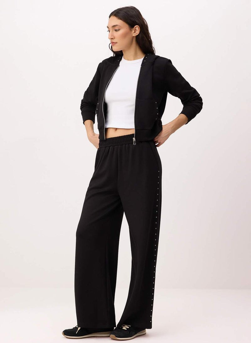 trendyol Black Wide Leg Regular Waist Accessory Detailed Stretchy Knitted Sweatpants - Image 2
