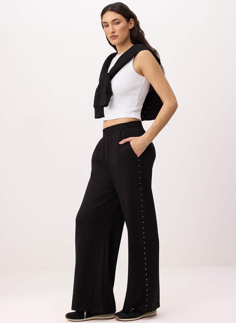 trendyol Black Wide Leg Regular Waist Accessory Detailed Stretchy Knitted Sweatpants - Image 1