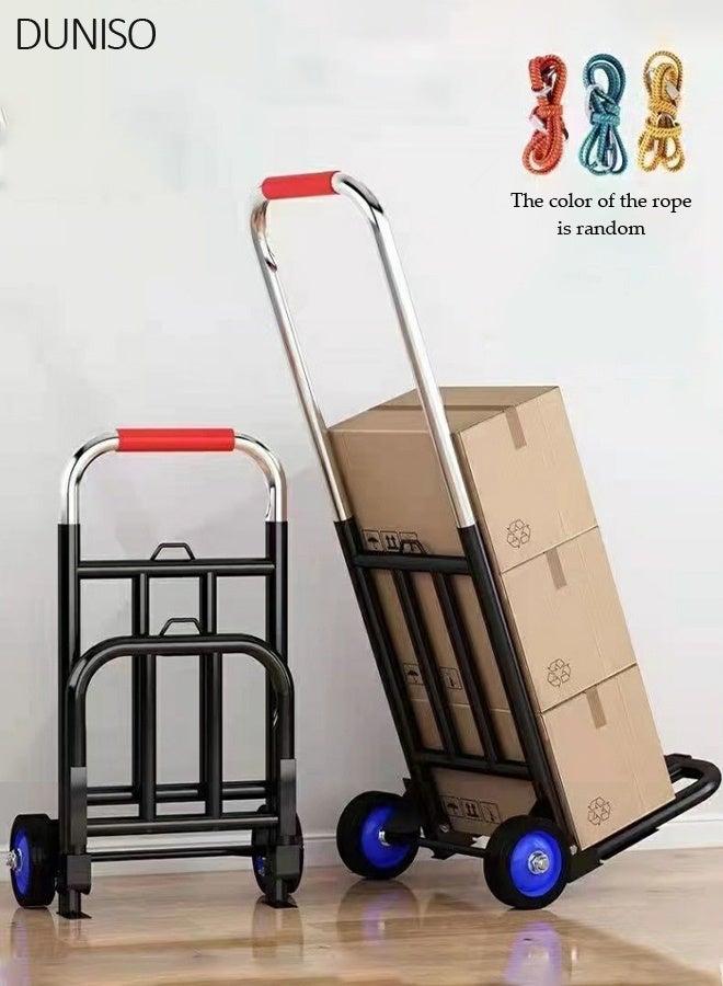 DUNISO Folding Hand Truck, Portable Dolly Cart, Folding Home Moving Trailer, Collapsible Luggage Cart with 3 Elastic Ropes, Heavy Duty Portable Luggage Trolley for Home, Luggage, Travel, Warehouse and Office(Blue Rubber Wheel) - Image 1