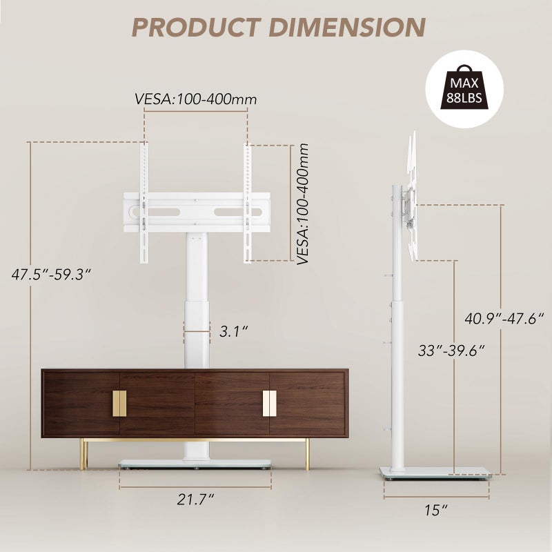 AX WABER Universal Floor TV Stand with Mount 70 Degree Swivel 9 Level Height Adjustable and Space Saving Design for Most 27 to 65 inch LCD, LED OLED TVs, Perfect for Corner & Bedroom White AX1006TW - Image 5